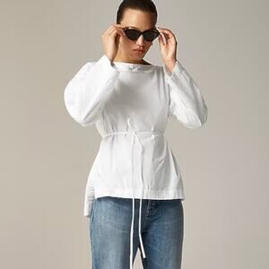 J.Crew Ciel Top WMNS M White Poplin Boatneck Side Button Waist Tie Long Sleeve